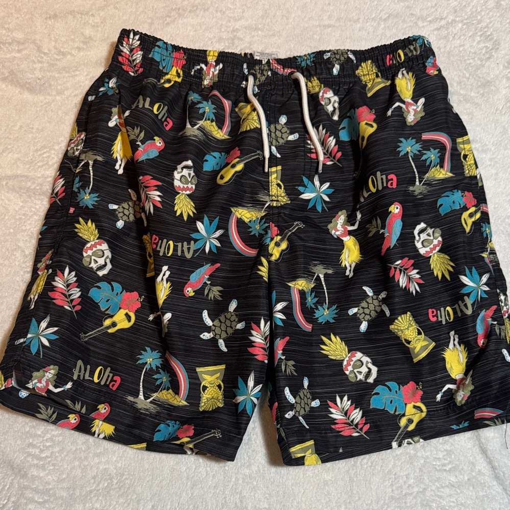 ALOHAS Kids Black Tropical Print Swim Trunks